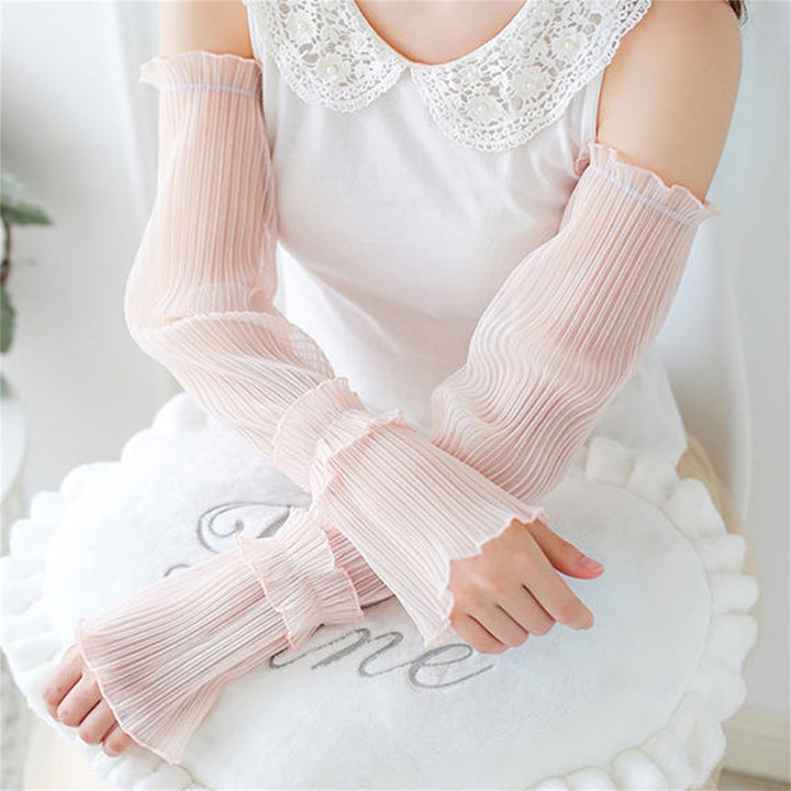 1 Pair Outdoor Arm Gloves Solid Color Sweat Absorption Loose Type Shirring Decor Anti-UV Sleeve Wrap for Cycling Image 8
