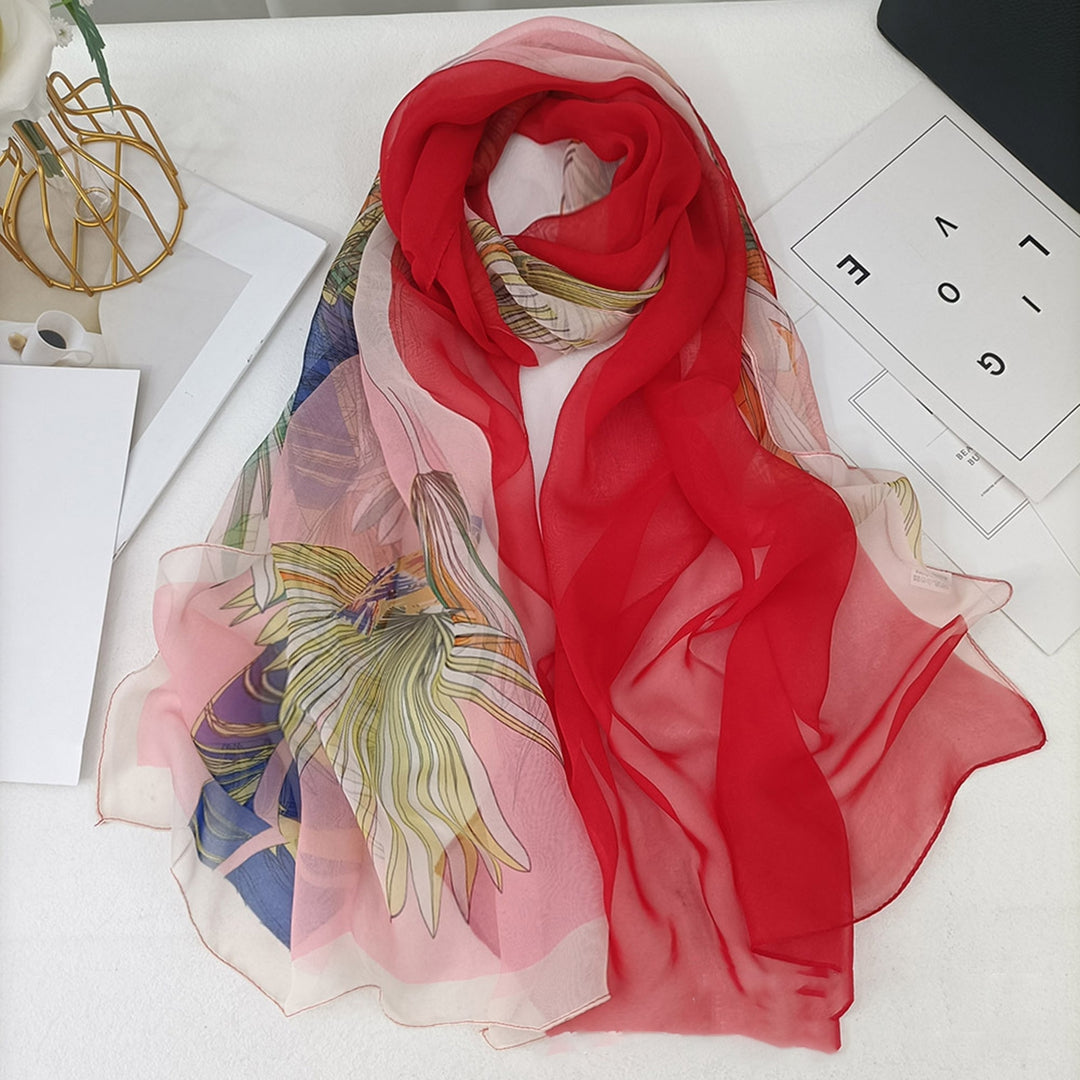 Lady Scarf Floral Print Sunscreen See-through Ultra-thin Soft Fabric Neck Wrap Accessory Image 6