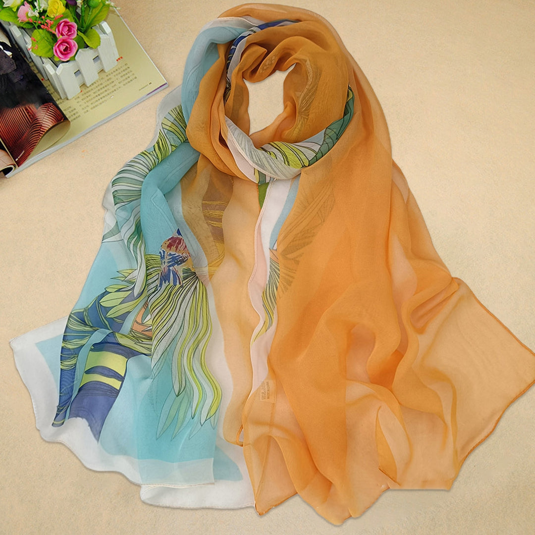 Lady Scarf Floral Print Sunscreen See-through Ultra-thin Soft Fabric Neck Wrap Accessory Image 7