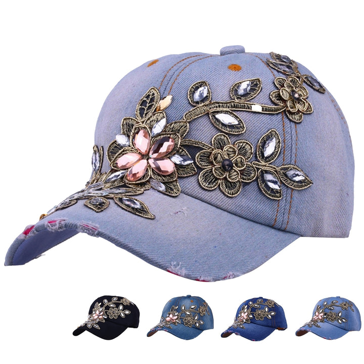 Women Hats Portable Adjustable Shiny Rhinestone Flower Embroidery Sunscreen Summer Cap Head Wear Image 1