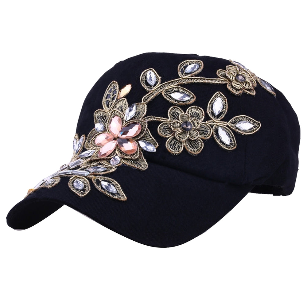 Women Hats Portable Adjustable Shiny Rhinestone Flower Embroidery Sunscreen Summer Cap Head Wear Image 2