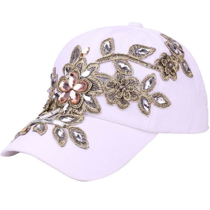 Women Hats Portable Adjustable Shiny Rhinestone Flower Embroidery Sunscreen Summer Cap Head Wear Image 3