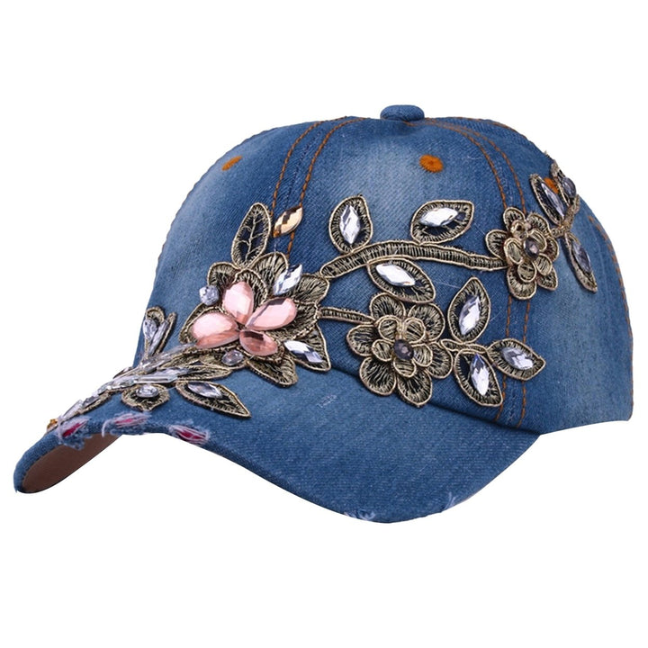 Women Hats Portable Adjustable Shiny Rhinestone Flower Embroidery Sunscreen Summer Cap Head Wear Image 4