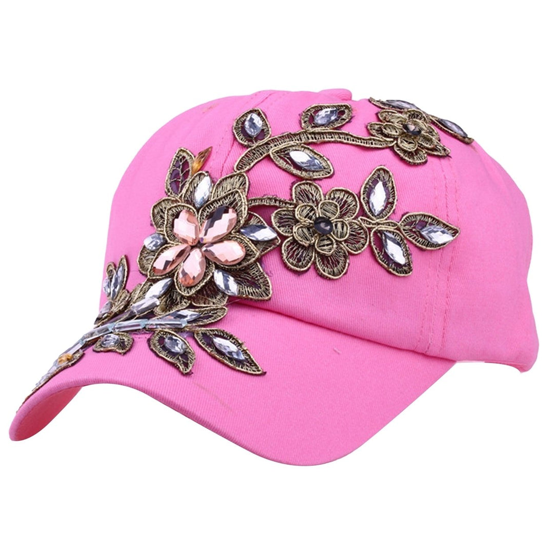 Women Hats Portable Adjustable Shiny Rhinestone Flower Embroidery Sunscreen Summer Cap Head Wear Image 1