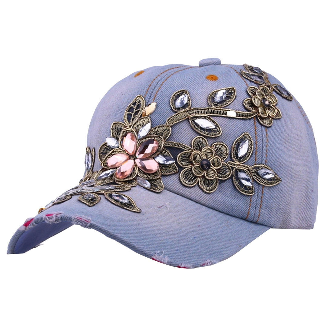 Women Hats Portable Adjustable Shiny Rhinestone Flower Embroidery Sunscreen Summer Cap Head Wear Image 7