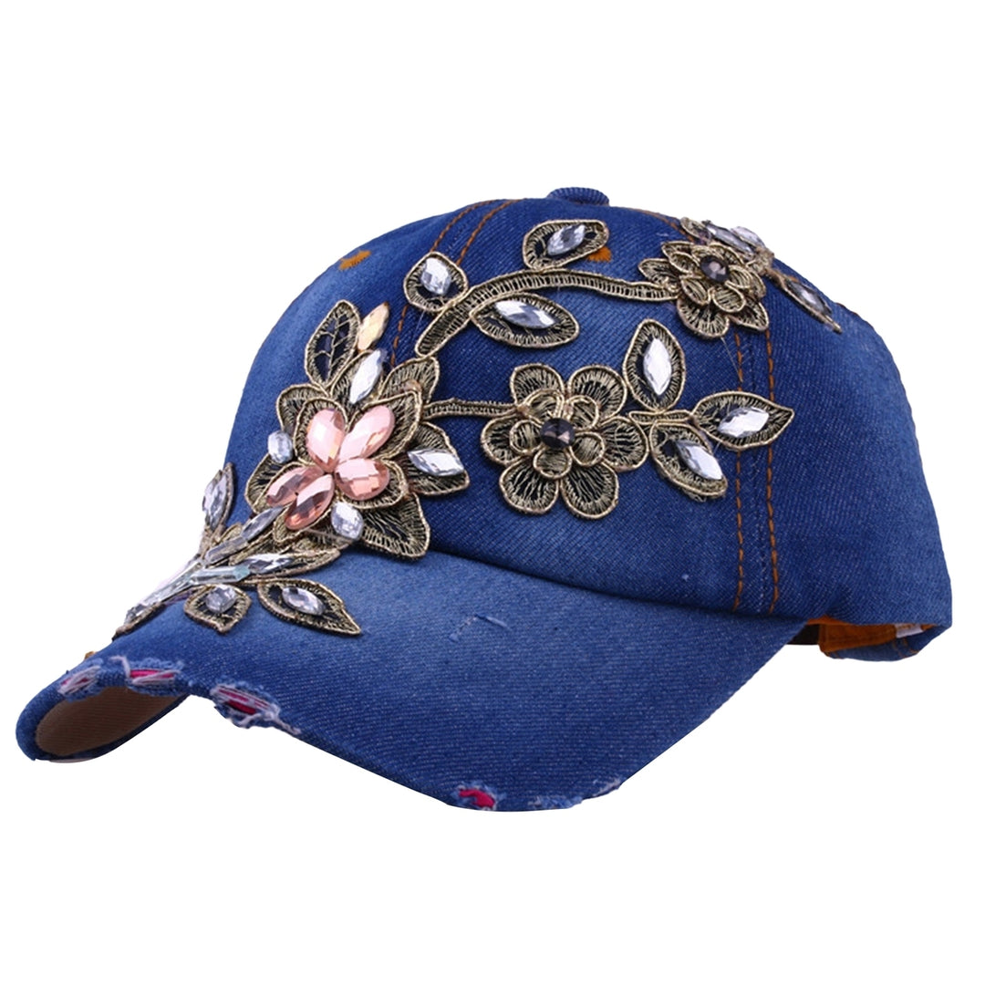 Women Hats Portable Adjustable Shiny Rhinestone Flower Embroidery Sunscreen Summer Cap Head Wear Image 9