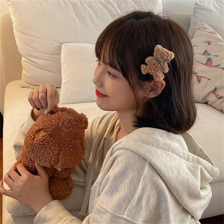 Hair Pin Cute Sweet Adorable Soft Elegant Hair Accessories Gifts Bowknot Plush Bear Duck Billed Hair Clip for Dating Image 4