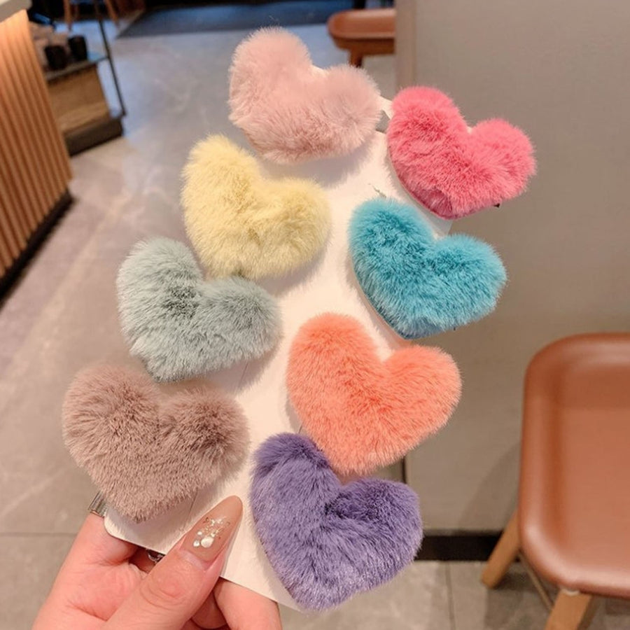 Hair Pin Sweet Plush Faux Mink faux Elegant Anti-slip Hair Accessories Pure Color Love Heart Shape Children Side Hair Image 1