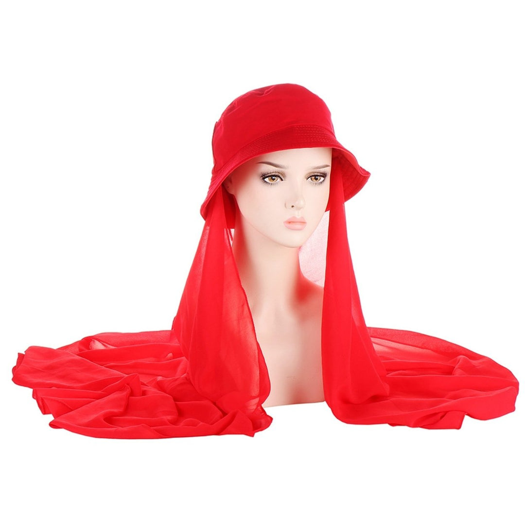 Bucket Hat Solid Color Sun Protection Brim Hat Millinery Accessories Foldable Summer Fisherman Caps with Chiffon Shawl Image 1