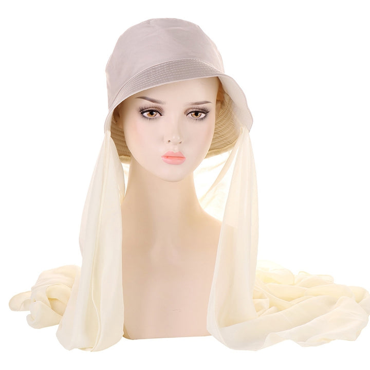 Bucket Hat Solid Color Sun Protection Brim Hat Millinery Accessories Foldable Summer Fisherman Caps with Chiffon Shawl Image 4