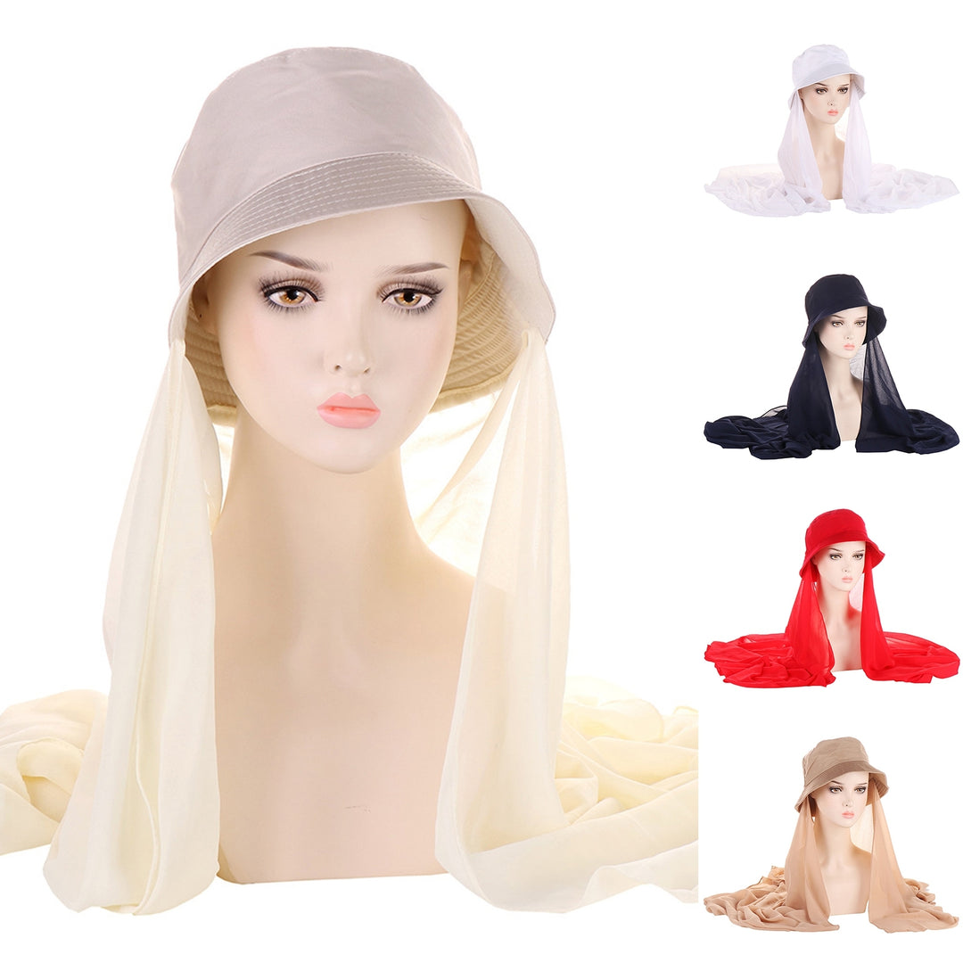 Bucket Hat Solid Color Sun Protection Brim Hat Millinery Accessories Foldable Summer Fisherman Caps with Chiffon Shawl Image 7