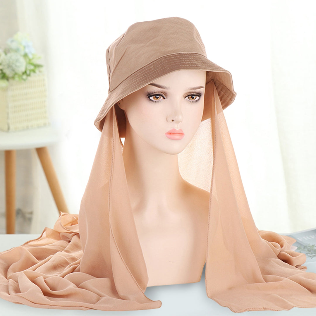Bucket Hat Solid Color Sun Protection Brim Hat Millinery Accessories Foldable Summer Fisherman Caps with Chiffon Shawl Image 8