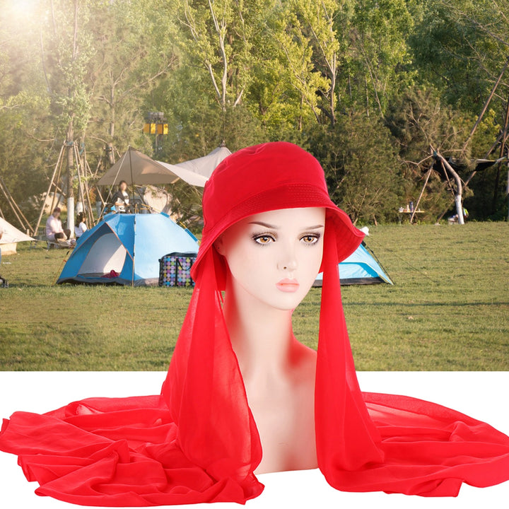 Bucket Hat Solid Color Sun Protection Brim Hat Millinery Accessories Foldable Summer Fisherman Caps with Chiffon Shawl Image 9