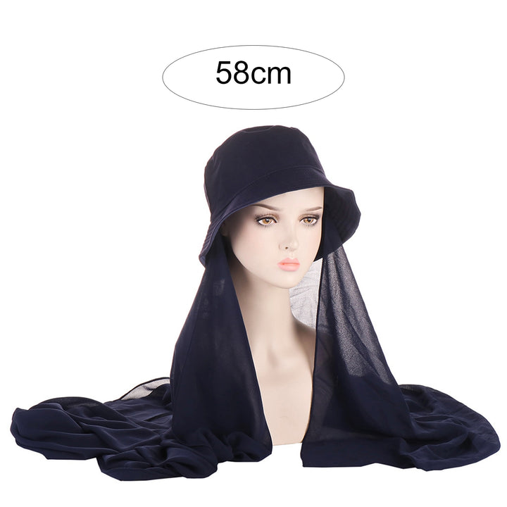 Bucket Hat Solid Color Sun Protection Brim Hat Millinery Accessories Foldable Summer Fisherman Caps with Chiffon Shawl Image 10