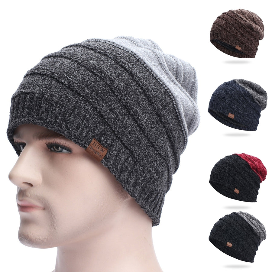 Autumn Winter Men Hat Color Block No Brim Plush Lining Ear Protection Knitting Cap for Outdoor Image 1