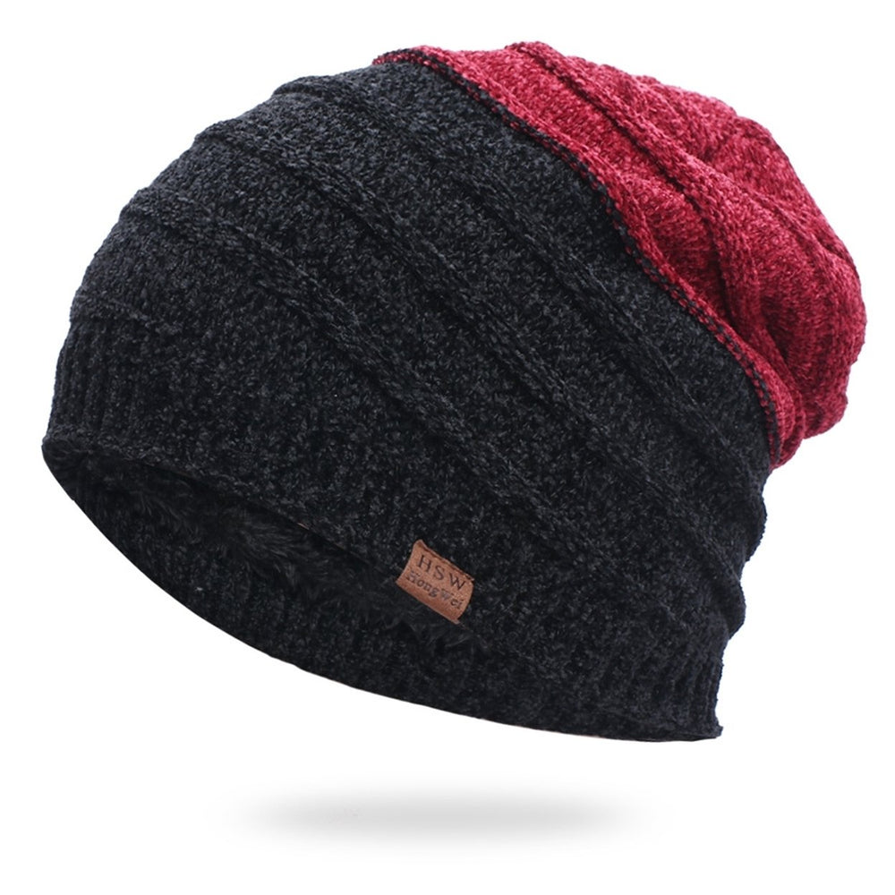 Autumn Winter Men Hat Color Block No Brim Plush Lining Ear Protection Knitting Cap for Outdoor Image 2