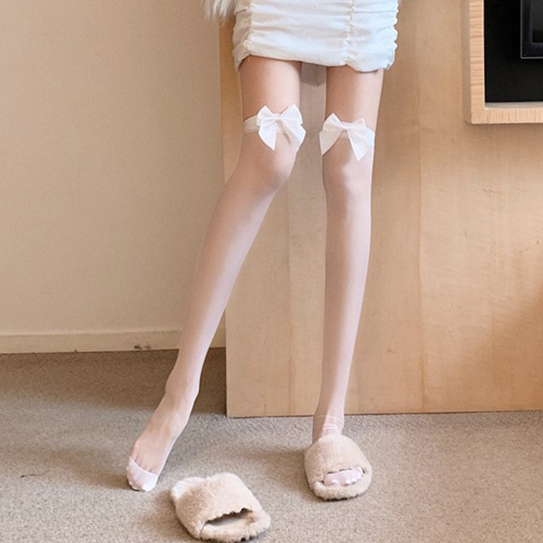 1 Pair Women Socks Lace  Over The Knee Transparent Bow-knot Stockings for Daily Wear Image 7