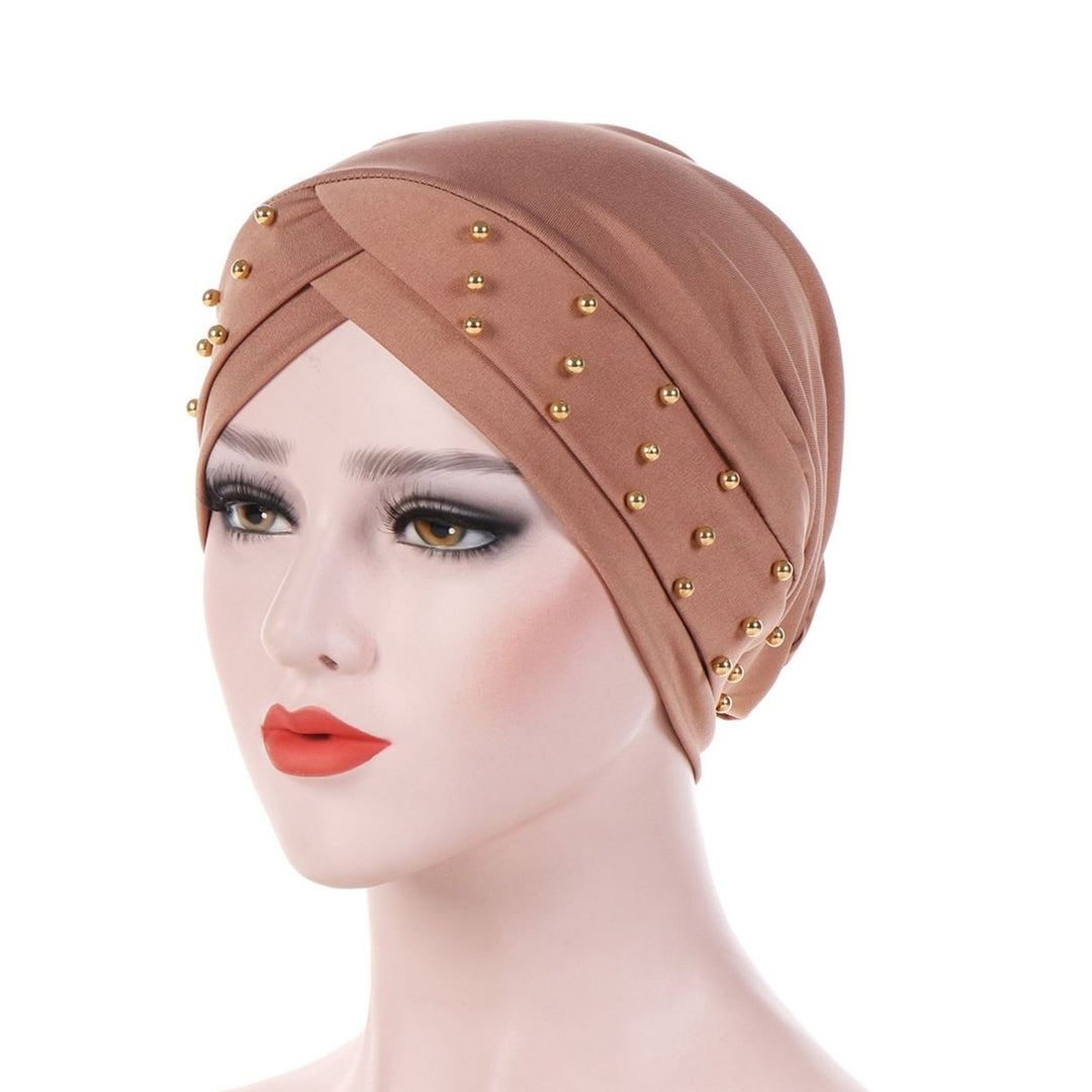 Women Hat Beads Cross Style Solid Color Stretchy Headgear Brimless Headwrap Indian Cap Fashion Accessories Image 1