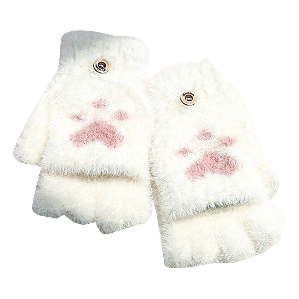 1 Pair Winter Gloves Cat Feet Half Finger Flip Cover Thicken Plush Cartoon Coldproof Gloves for Outdoor Image 2