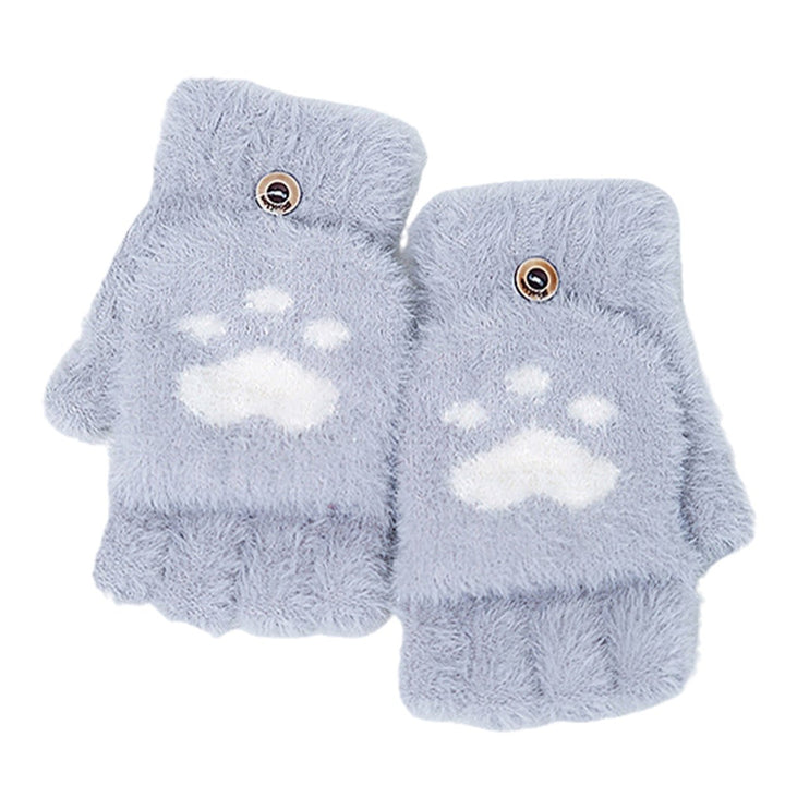 1 Pair Winter Gloves Cat Feet Half Finger Flip Cover Thicken Plush Cartoon Coldproof Gloves for Outdoor Image 1