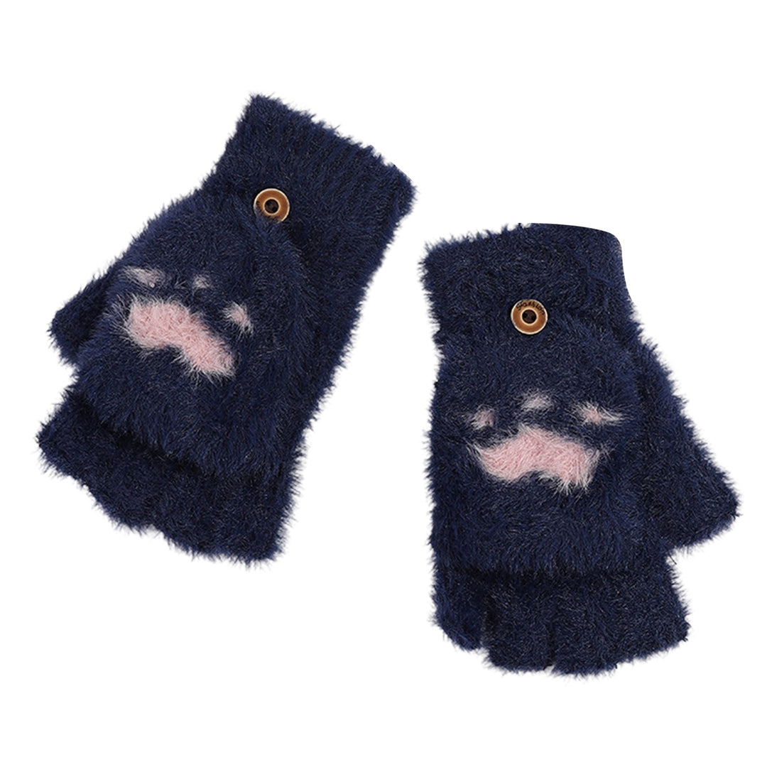 1 Pair Winter Gloves Cat Feet Half Finger Flip Cover Thicken Plush Cartoon Coldproof Gloves for Outdoor Image 6