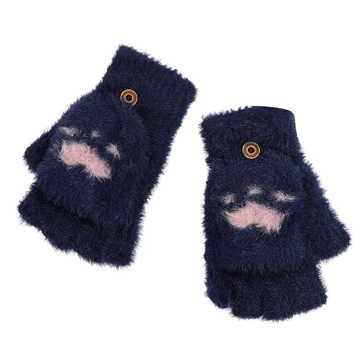 1 Pair Winter Gloves Cat Feet Half Finger Flip Cover Thicken Plush Cartoon Coldproof Gloves for Outdoor Image 1