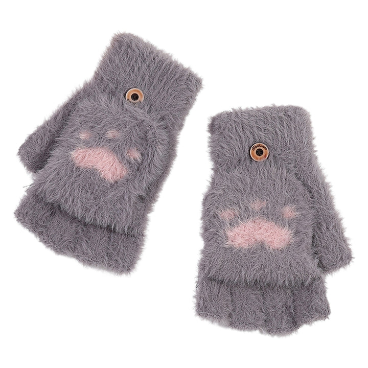 1 Pair Winter Gloves Cat Feet Half Finger Flip Cover Thicken Plush Cartoon Coldproof Gloves for Outdoor Image 8