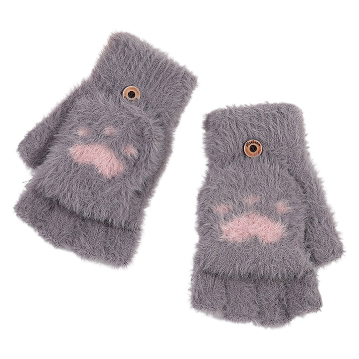 1 Pair Winter Gloves Cat Feet Half Finger Flip Cover Thicken Plush Cartoon Coldproof Gloves for Outdoor Image 1