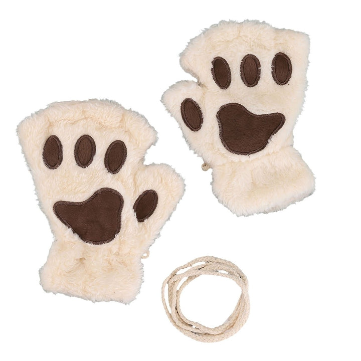 1 Pair Women Gloves Fluffy Half Finger Gifts Thickened Fingerless Keep Warm Comfortable Cartoon Bear Cat Paw Girls Plush Image 1