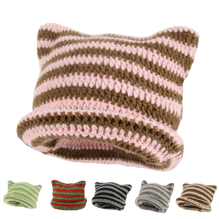 Beanie Hat No Brim Vivid Color Stretchy Breathable Friendly to Skin Decorative Yarn Winter All-Match Striped Women Image 1