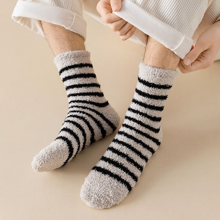 1 Pair Men Striped Socks Thickening Keep Warm Coral Fleece Individuality Cold Resistant Middle Tube Socks for Daily Use Image 9