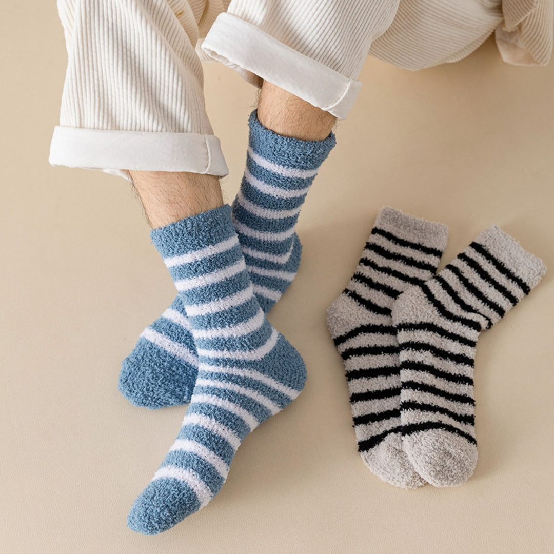 1 Pair Men Striped Socks Thickening Keep Warm Coral Fleece Individuality Cold Resistant Middle Tube Socks for Daily Use Image 12