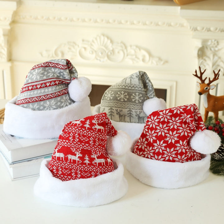 Knitted Christmas Hat Cartoon Pattern Short Plush Pointed with Cute Pompon Santa Cap for Outdoor Image 1