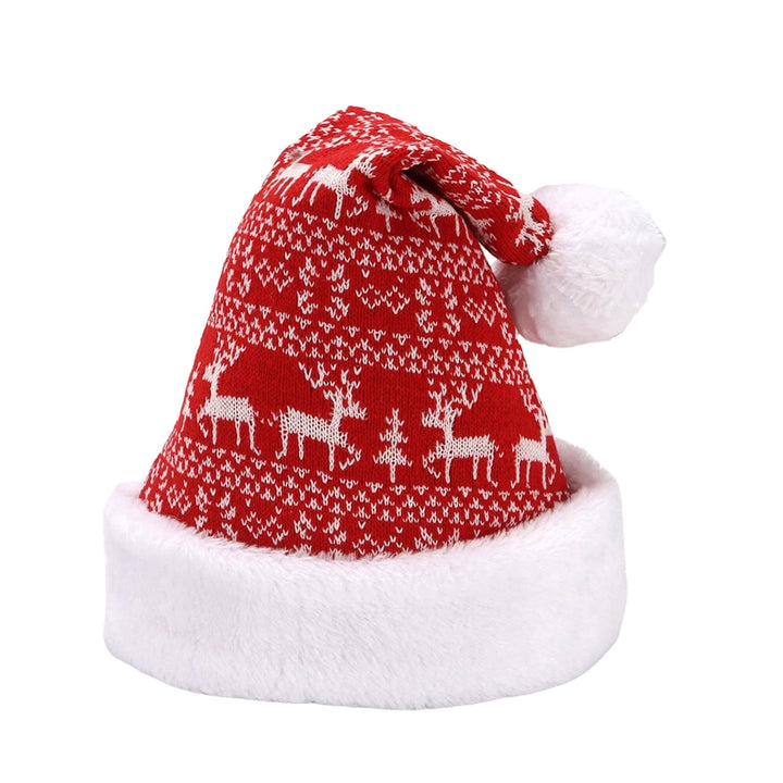 Knitted Christmas Hat Cartoon Pattern Short Plush Pointed with Cute Pompon Santa Cap for Outdoor Image 3