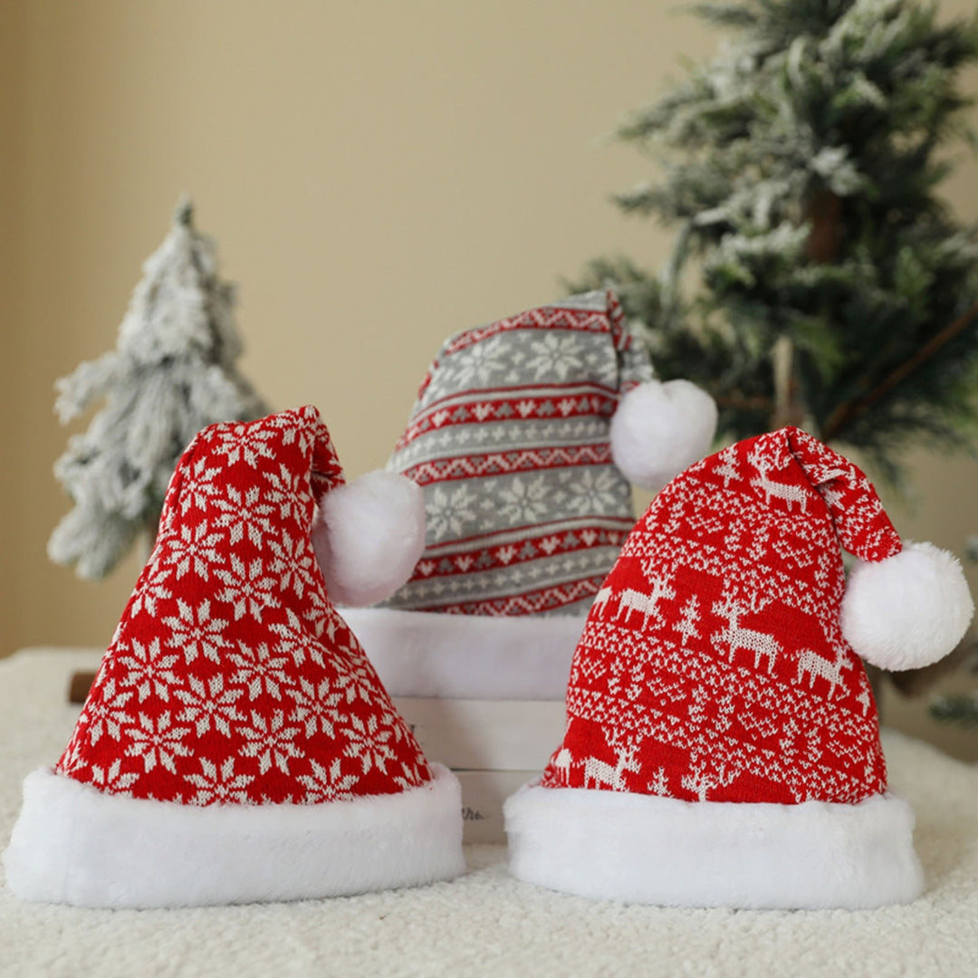 Knitted Christmas Hat Cartoon Pattern Short Plush Pointed with Cute Pompon Santa Cap for Outdoor Image 4