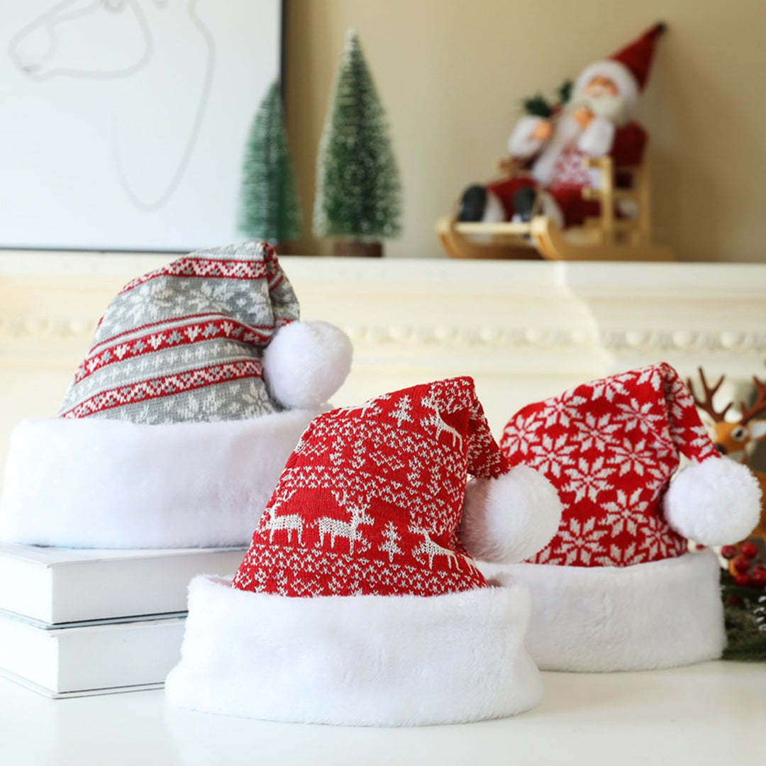Knitted Christmas Hat Cartoon Pattern Short Plush Pointed with Cute Pompon Santa Cap for Outdoor Image 6