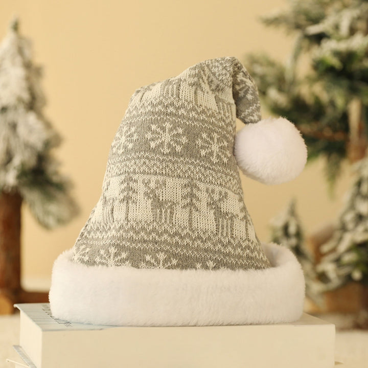 Knitted Christmas Hat Cartoon Pattern Short Plush Pointed with Cute Pompon Santa Cap for Outdoor Image 7