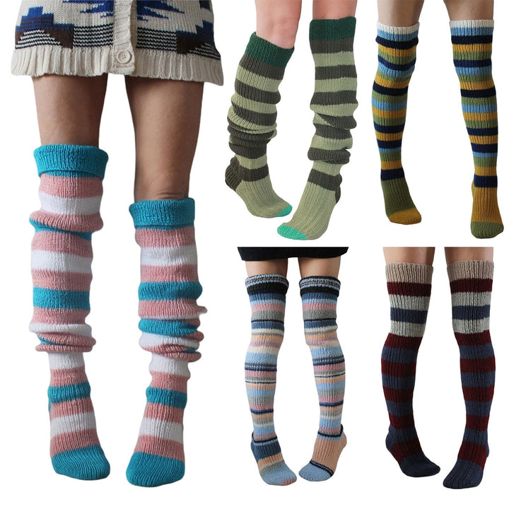 1 Pair Thigh High Stocking Striped Knitted Thickened Stretchy Soft Keep Warm Windproof Autumn Winter Women Over Knee Image 1