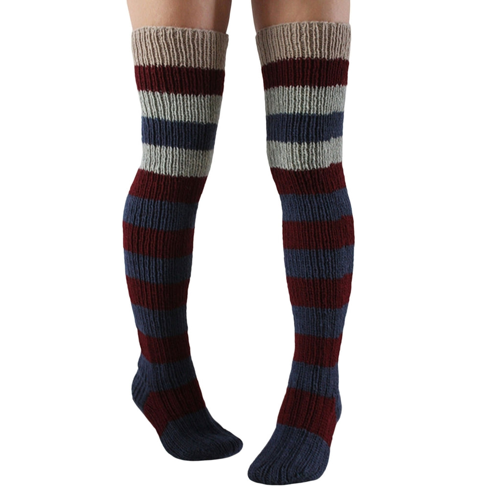 1 Pair Thigh High Stocking Striped Knitted Thickened Stretchy Soft Keep Warm Windproof Autumn Winter Women Over Knee Image 2