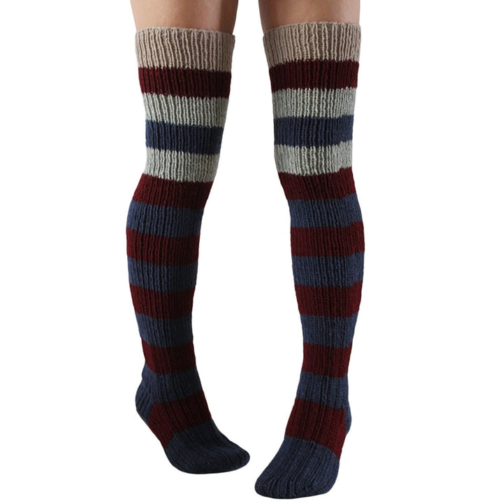 1 Pair Thigh High Stocking Striped Knitted Thickened Stretchy Soft Keep Warm Windproof Autumn Winter Women Over Knee Image 1