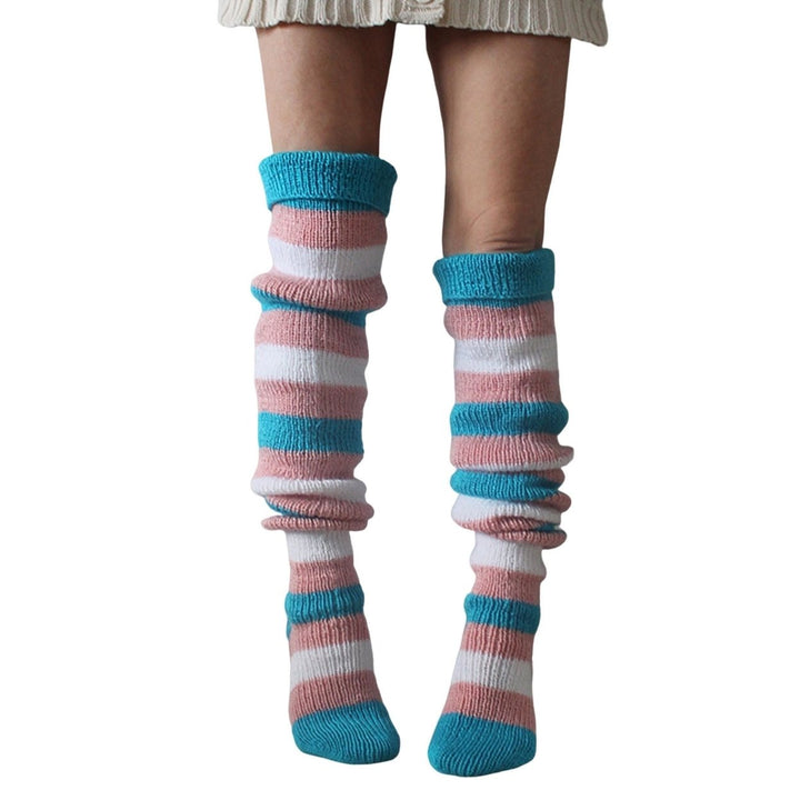 1 Pair Thigh High Stocking Striped Knitted Thickened Stretchy Soft Keep Warm Windproof Autumn Winter Women Over Knee Image 1