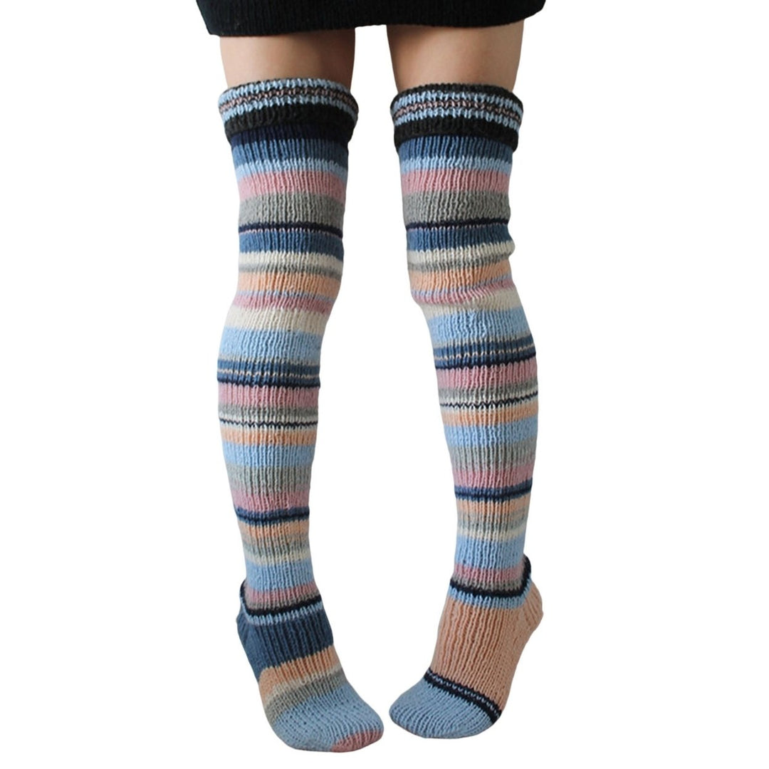 1 Pair Thigh High Stocking Striped Knitted Thickened Stretchy Soft Keep Warm Windproof Autumn Winter Women Over Knee Image 1