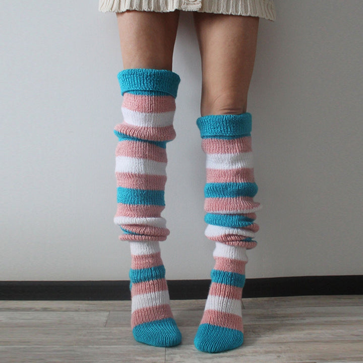 1 Pair Thigh High Stocking Striped Knitted Thickened Stretchy Soft Keep Warm Windproof Autumn Winter Women Over Knee Image 11
