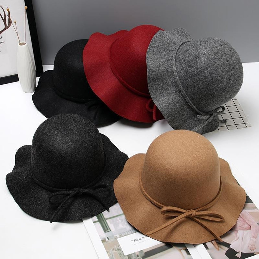 Woolen Hat Bow Tie Retro Hand-made Wave Brim Women Lady Girls Winter Outdoor Indoor Fedora Cap for Party Image 1