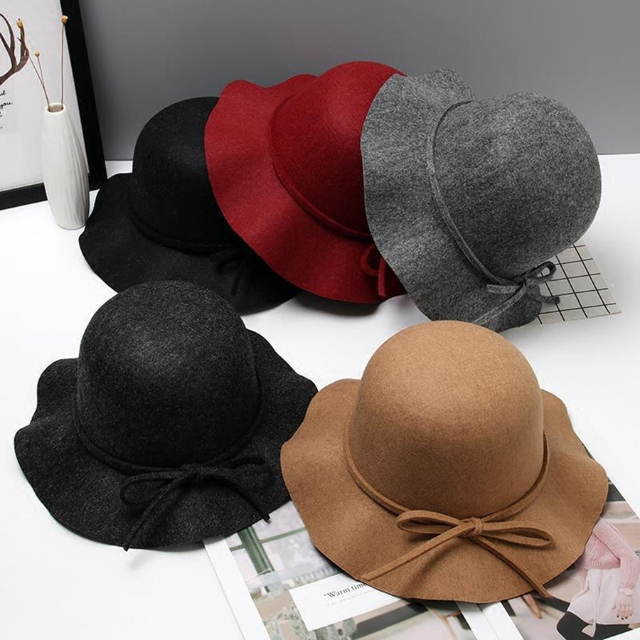 Woolen Hat Bow Tie Retro Hand-made Wave Brim Women Lady Girls Winter Outdoor Indoor Fedora Cap for Party Image 1