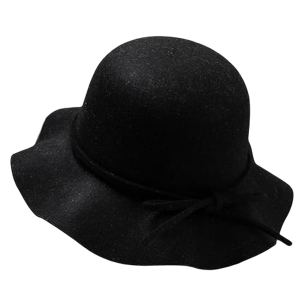 Woolen Hat Bow Tie Retro Hand-made Wave Brim Women Lady Girls Winter Outdoor Indoor Fedora Cap for Party Image 2