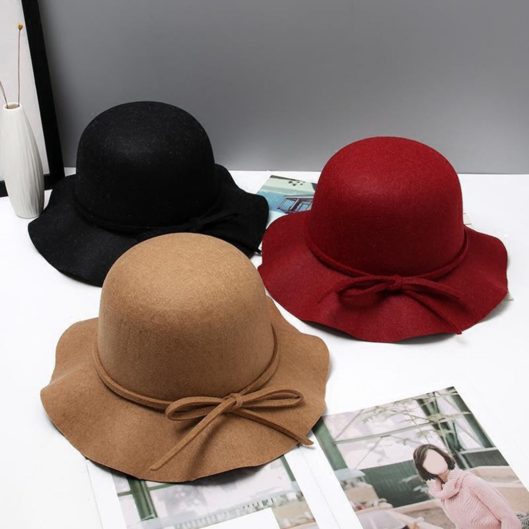 Woolen Hat Bow Tie Retro Hand-made Wave Brim Women Lady Girls Winter Outdoor Indoor Fedora Cap for Party Image 6