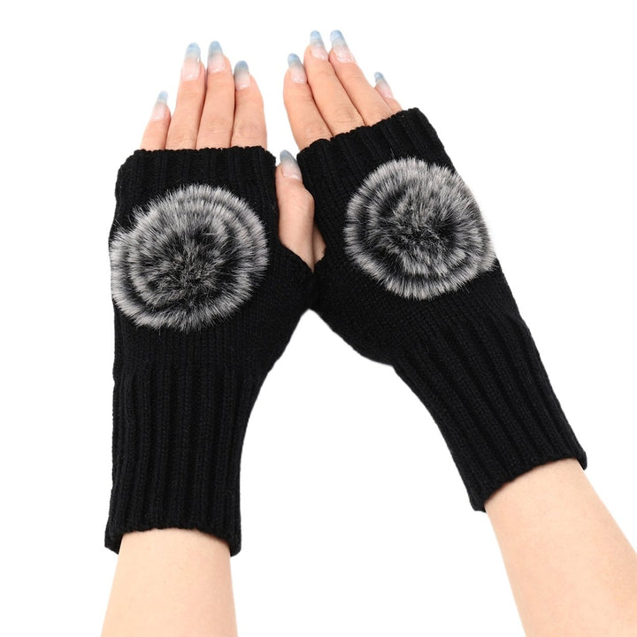 1 Pair Knitted Gloves Plush Ball Half-fingers Fingerless Design Women Winter Warm Casual Gloves for Daily Wear Image 1