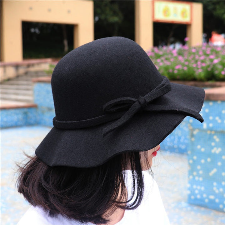 Woolen Hat Bow Tie Retro Hand-made Wave Brim Women Lady Girls Winter Outdoor Indoor Fedora Cap for Party Image 8