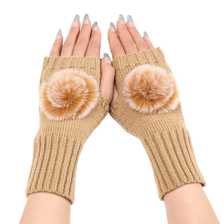 1 Pair Knitted Gloves Plush Ball Half-fingers Fingerless Design Women Winter Warm Casual Gloves for Daily Wear Image 1